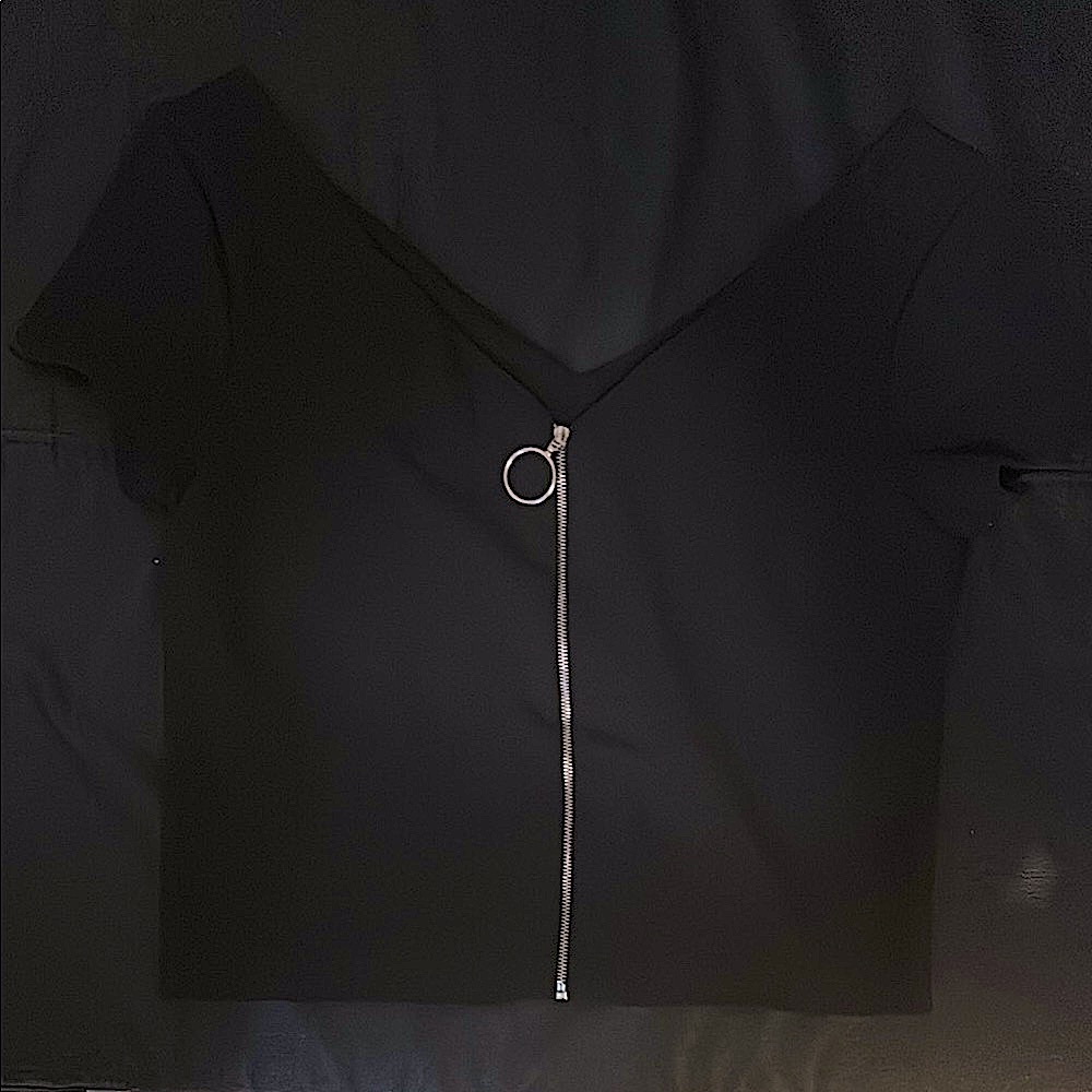 Black Zippered V-Neck Top